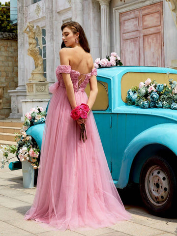 Pink Floral Decor Off Shoulder Mesh High Slit Prom Dress