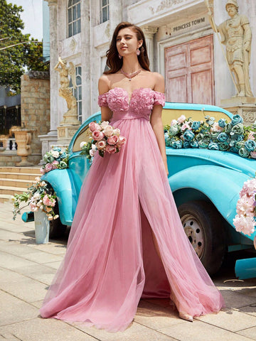 Pink Floral Decor Off Shoulder Mesh High Slit Prom Dress