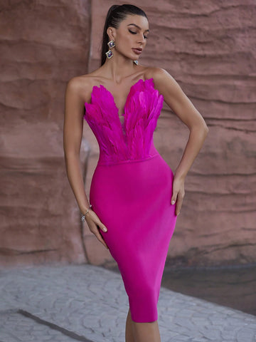 Pink Heart-Shaped Feather Bandage Midi Dress