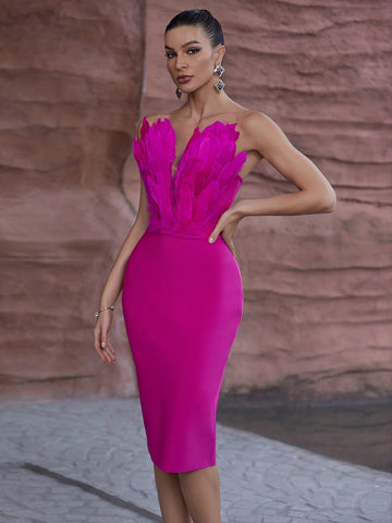 Pink Heart-Shaped Feather Bandage Midi Dress