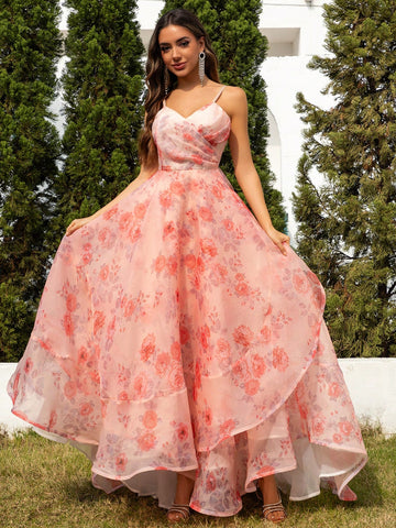 Pink Printed Spaghetti Strap Slit Back Bridal Bridesmaid Prom Dress