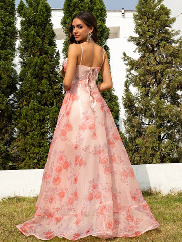 Pink Printed Spaghetti Strap Slit Back Bridal Bridesmaid Prom Dress