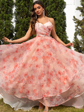 Pink Printed Spaghetti Strap Slit Back Bridal Bridesmaid Prom Dress