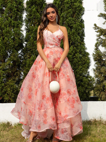 Pink Printed Spaghetti Strap Slit Back Bridal Bridesmaid Prom Dress