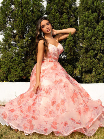 Pink Printed Spaghetti Strap Slit Back Bridal Bridesmaid Prom Dress