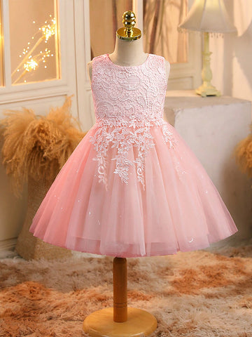 Pink Round Neck Applique Mesh Patchwork Sleeveless Dress For Young Girl