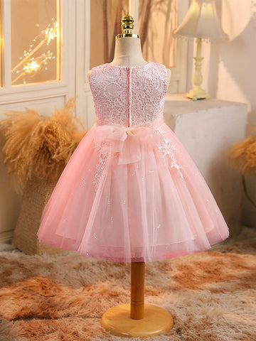 Pink Round Neck Applique Mesh Patchwork Sleeveless Dress For Young Girl