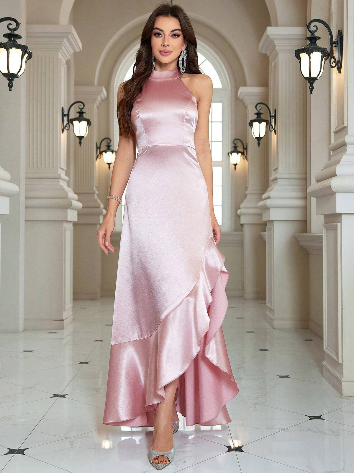 Pink Ruffle Halter Neck Sleeveless Evening Ball Gown/Party Dress (Heavy Edition)