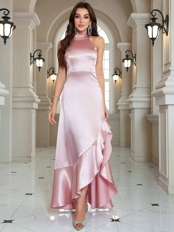 Pink Ruffle Halter Neck Sleeveless Evening Ball Gown/Party Dress (Heavy Edition)