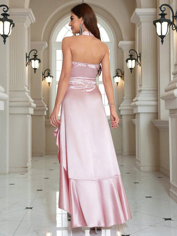 Pink Ruffle Halter Neck Sleeveless Evening Ball Gown/Party Dress (Heavy Edition)