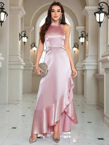 Pink Ruffle Halter Neck Sleeveless Evening Ball Gown/Party Dress (Heavy Edition)