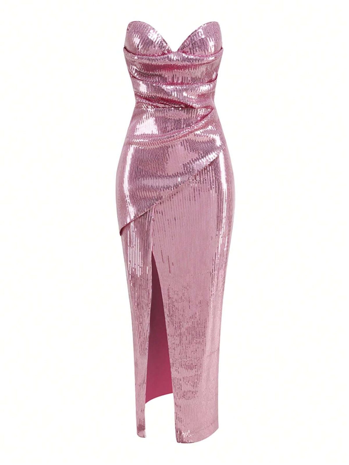 Pink Sequined Strapless Evening Gown With A Thigh Slit