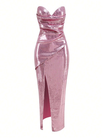 Pink Sequined Strapless Evening Gown With A Thigh Slit