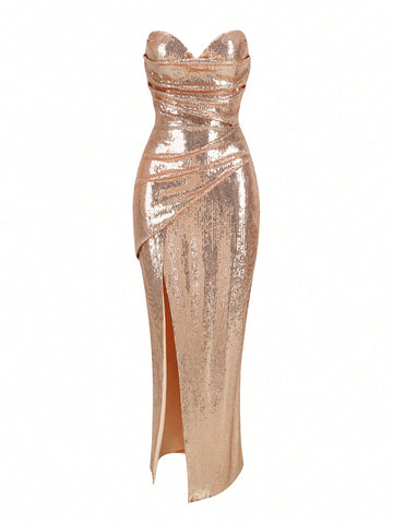 Pink Sequined Strapless Evening Gown With A Thigh Slit