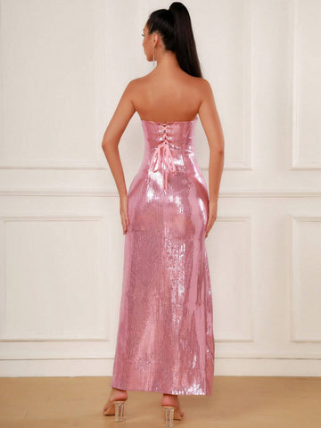 Pink Sequined Strapless Evening Gown With A Thigh Slit