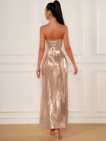 Pink Sequined Strapless Evening Gown With A Thigh Slit