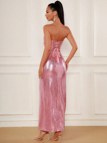 Pink Sequined Strapless Evening Gown With A Thigh Slit