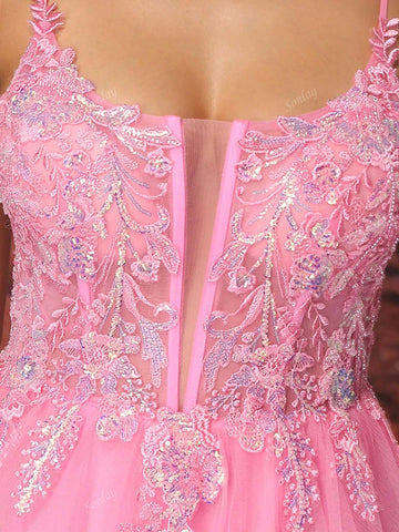 Pink Tulle Slip Dress Bright-Colored And Beautiful Dress Different Colors Of Sequins Lifelike Embroidery Glows Under The Light For Teen A Line Long Ball Gown Evening Formal Dress