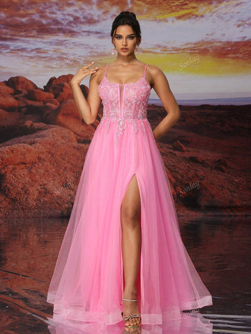 Pink Tulle Slip Dress Bright-Colored And Beautiful Dress Different Colors Of Sequins Lifelike Embroidery Glows Under The Light For Teen A Line Long Ball Gown Evening Formal Dress