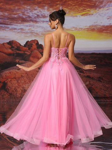 Pink Tulle Slip Dress Bright-Colored And Beautiful Dress Different Colors Of Sequins Lifelike Embroidery Glows Under The Light For Teen A Line Long Ball Gown Evening Formal Dress