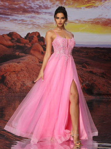 Pink Tulle Slip Dress Bright-Colored And Beautiful Dress Different Colors Of Sequins Lifelike Embroidery Glows Under The Light For Teen A Line Long Ball Gown Evening Formal Dress