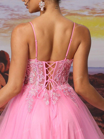 Pink Tulle Slip Dress Bright-Colored And Beautiful Dress Different Colors Of Sequins Lifelike Embroidery Glows Under The Light For Teen A Line Long Ball Gown Evening Formal Dress