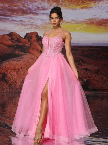 Pink Tulle Slip Dress Bright-Colored And Beautiful Dress Different Colors Of Sequins Lifelike Embroidery Glows Under The Light For Teen A Line Long Ball Gown Evening Formal Dress