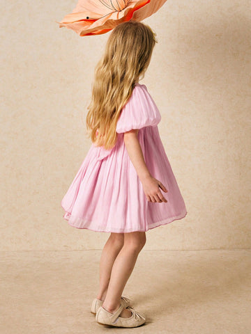 Young Girls Elegant Pink Bow-Decorated Dress, Spring/Summer