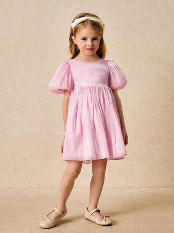 Young Girls Elegant Pink Bow-Decorated Dress, Spring/Summer