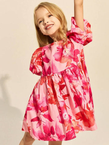 Young Girls Elegant Pink Floral Dress, Spring/Summer