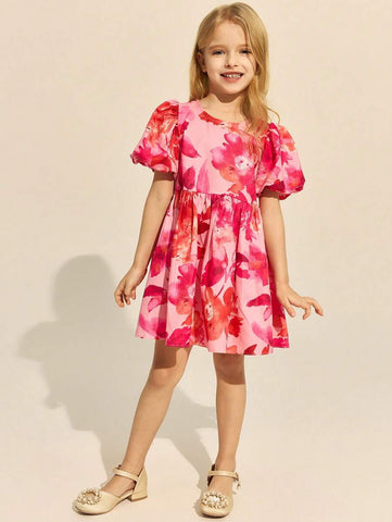 Young Girls Elegant Pink Floral Dress, Spring/Summer