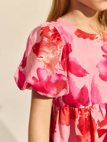 Young Girls Elegant Pink Floral Dress, Spring/Summer