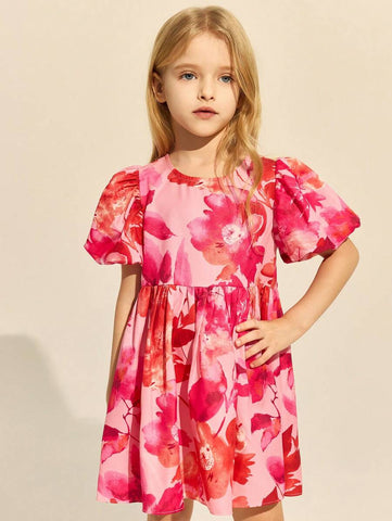 Young Girls Elegant Pink Floral Dress, Spring/Summer