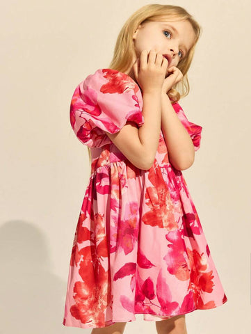 Young Girls Elegant Pink Floral Dress, Spring/Summer