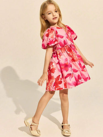 Young Girls Elegant Pink Floral Dress, Spring/Summer