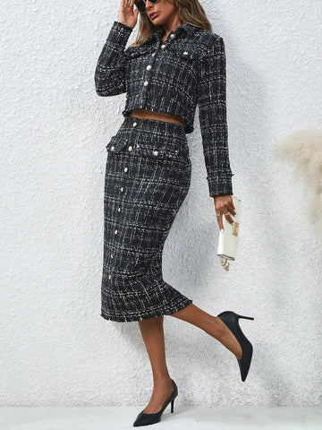 Plaid Blazer With Front Buttons And Skirt Two Piece Set
