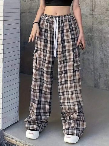 Plaid Drawstring Waist Loose Sweatpants