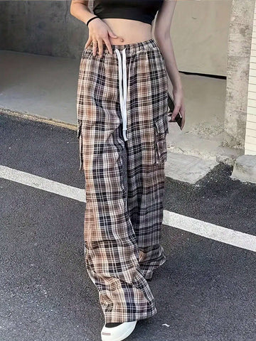 Plaid Drawstring Waist Loose Sweatpants