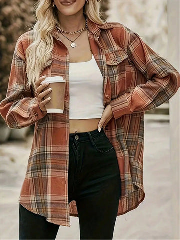 Plaid Pattern Single-Breasted Shirt With Functional Covered Pockets, Long Sleeve Blouse For Women, Suitable For Spring & Autumn