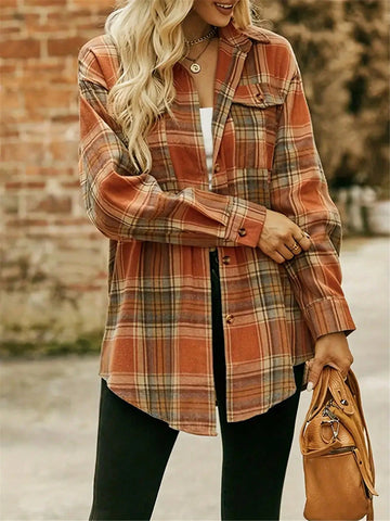 Plaid Pattern Single-Breasted Shirt With Functional Covered Pockets, Long Sleeve Blouse For Women, Suitable For Spring & Autumn