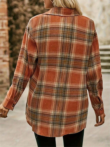 Plaid Pattern Single-Breasted Shirt With Functional Covered Pockets, Long Sleeve Blouse For Women, Suitable For Spring & Autumn