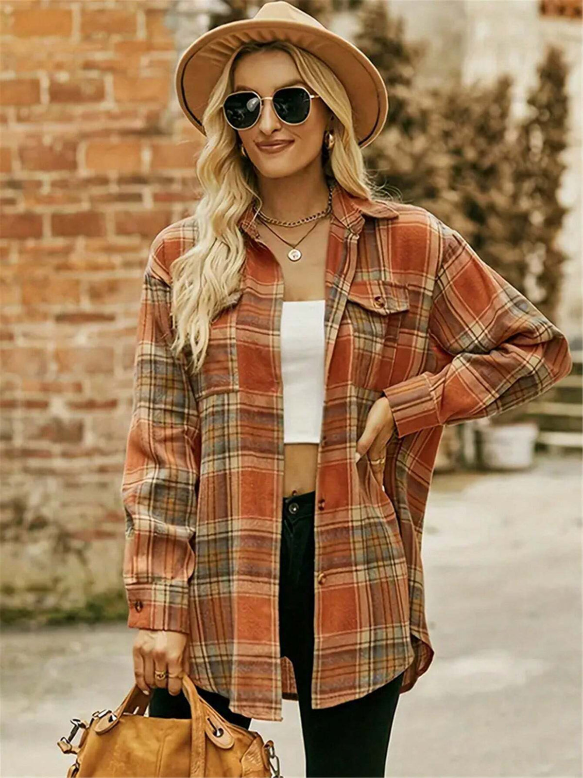 Plaid Pattern Single-Breasted Shirt With Functional Covered Pockets, Long Sleeve Blouse For Women, Suitable For Spring & Autumn