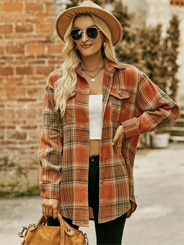 Plaid Pattern Single-Breasted Shirt With Functional Covered Pockets, Long Sleeve Blouse For Women, Suitable For Spring & Autumn