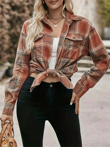 Plaid Pattern Single-Breasted Shirt With Functional Covered Pockets, Long Sleeve Blouse For Women, Suitable For Spring & Autumn