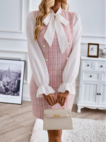 Plaid Pattern Tie Neck Double Breasted Tweed Dress
