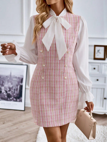 Plaid Pattern Tie Neck Double Breasted Tweed Dress