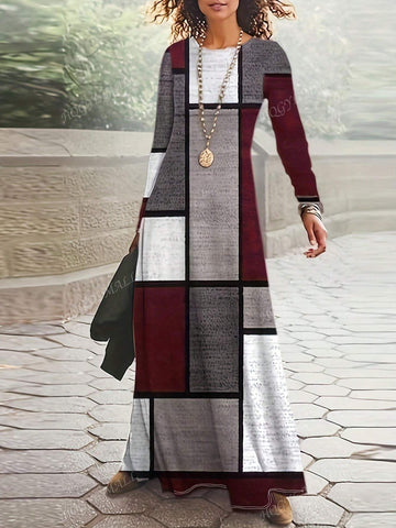 Plaid Print Casual Round Neck Bodycon Long Sleeve Dress, Autumn/Winter