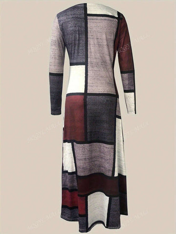 Plaid Print Casual Round Neck Bodycon Long Sleeve Dress, Autumn/Winter