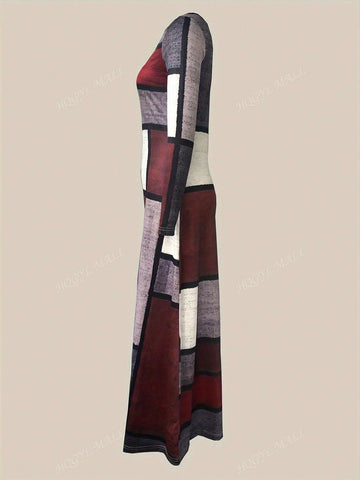 Plaid Print Casual Round Neck Bodycon Long Sleeve Dress, Autumn/Winter