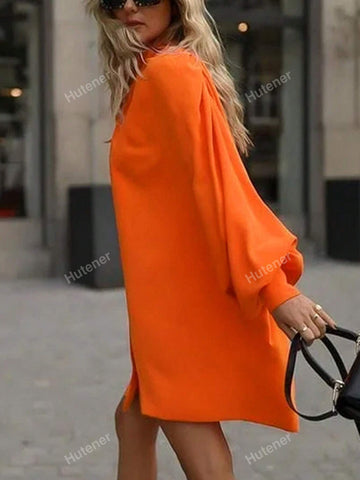 Plain Buttoned Long Sleeve Mini Dress